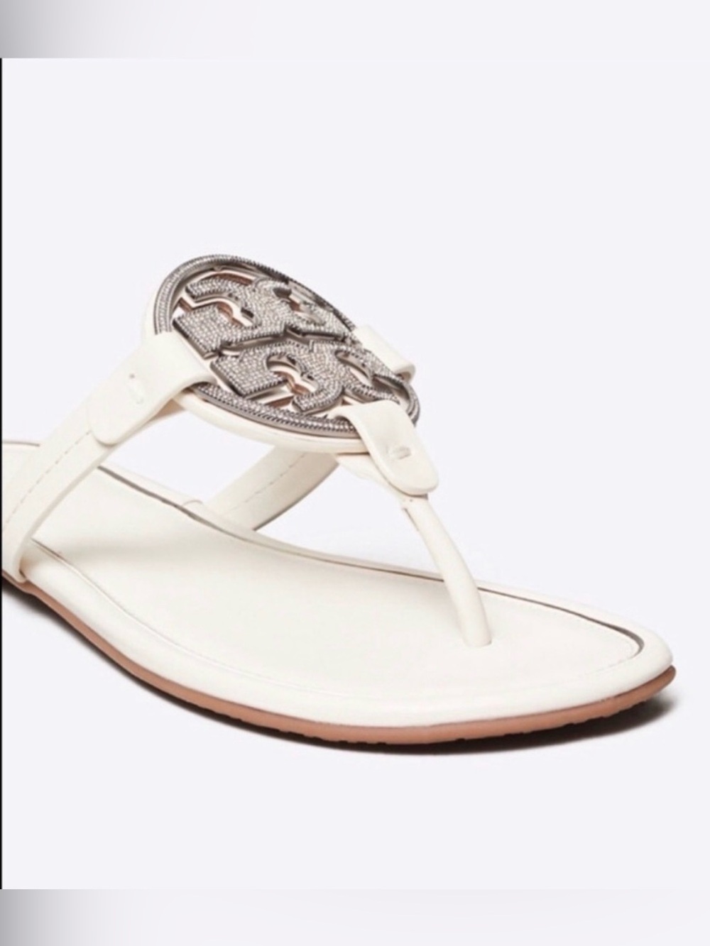 Tory Burch Bleach Ivory & Silver Metal Crystal Embellished Miller Sandals - Picture 12 of 13